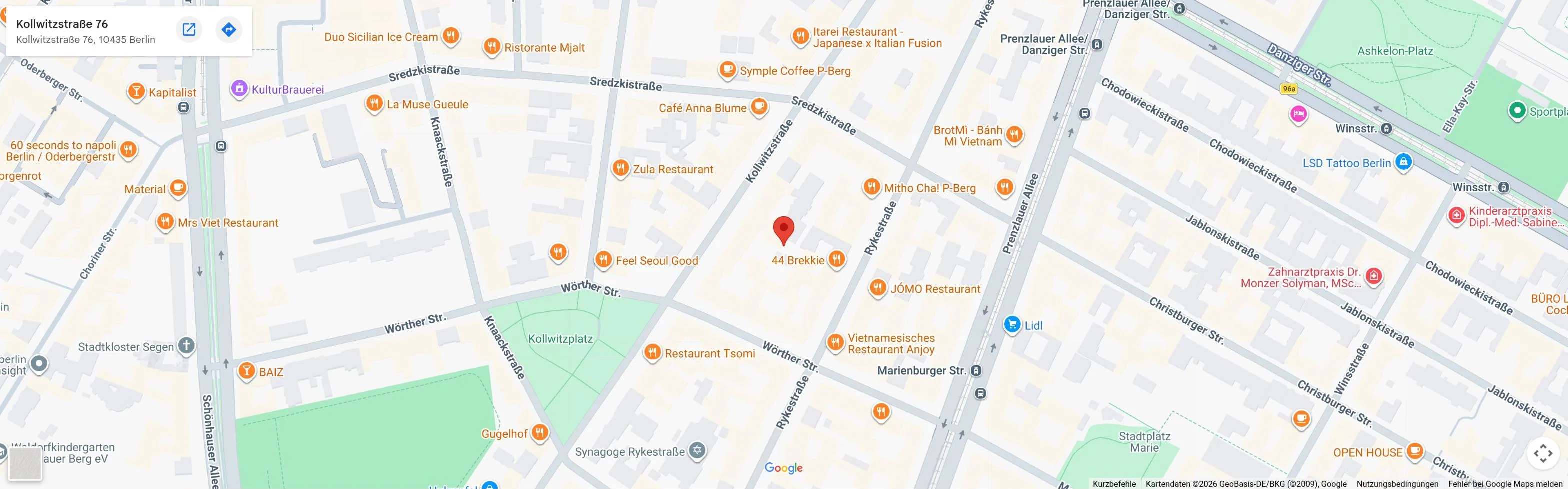 Google-Karte mit dem Standort der Detektei in der Kollwitzstraße 76 in Berlin